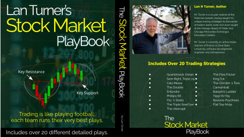 Lan Turner’s Stock Market PlayBook The Stock Market PlayBook The Stock Market PlayBook by: Lan Turner Lan H Turner, Author Mr. Turner is a 25 year veteran of the financial markets, having taught his unique trading strategies to thousands of traders world-wide, he’s even taught at the Chicago Board of Trade, and Chicago Mercantile Exchanges Education Centers.  Mr. Turner is currently an active trader, teacher of finance at Dixie State University, software development engineer, and entrepreneur. Trading is like playing football,each team runs their very best plays.Includes over 20 different detailed plays. Key Resistance Key Support Includes Over 20 Trading Strategies •	Quarterback Sneak •	Sam Right, Triple 29 •	Cats Meow •	The Double 	Entendre •	Phillips 66 •	Fitz ‘n Starts •	The Triple SowCow •	The Intercept •	The Flea Flicker •	King Tut •	The Christm	s Tree •	Cannonball •	Balaam’s Ladder •	Yippi-Ki-Yay •	Reverse Psychosis •	Flat Top Ninja